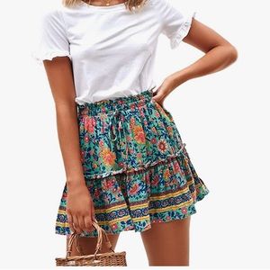 Relipop Floral Flared Mini Skirt Polka Dot Pleated with Drawstring